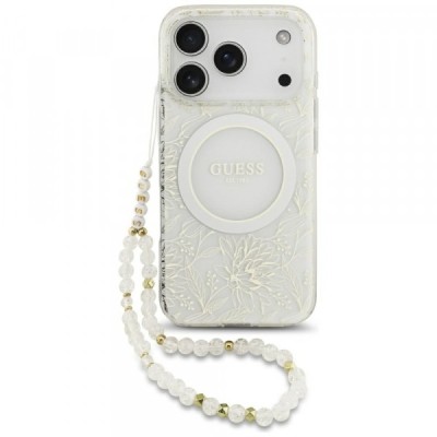 Husa MagSafe pentru Apple iPhone 17 Pro, Guess, IML Flowers Allover Electroplated with Pearl Strap, Alba foto