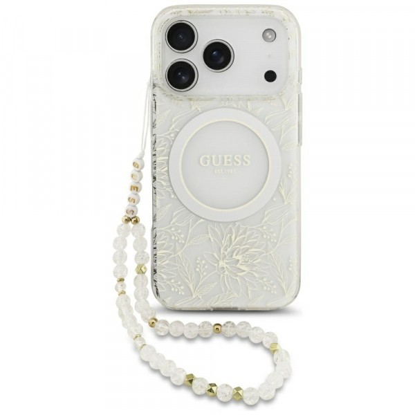Husa MagSafe pentru Apple iPhone 17 Pro, Guess, IML Flowers Allover Electroplated with Pearl Strap, Alba