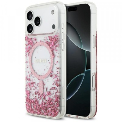 Husa MagSafe pentru Apple iPhone 17 Pro Max, Guess, Resin Bottom Glitter , Roz foto