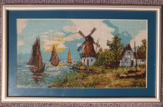 Goblen vintage, Moara in Olanda, lucrat manual anii 90, inramat, 40x22 cm