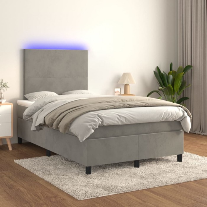 vidaXL Pat cu arcuri, saltea și LED, gri deschis, 120x200 cm, catifea 3135993