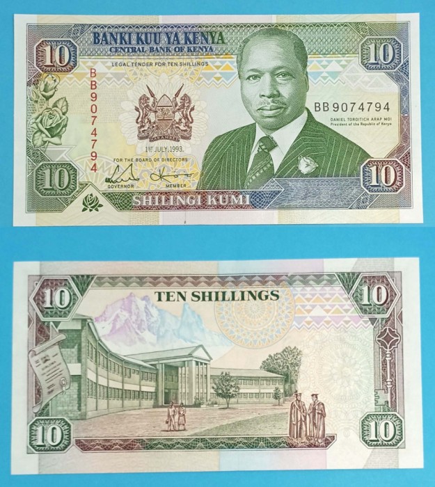 Kenya 10 Shillings 1993 &#039;Arap Moi&#039; UNC serie: BB9074794 p#24