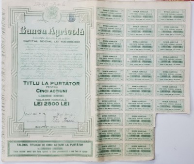 BANCA AGRICOLA , SOCIETATE ANONIMA PE ACTIUNI , TITLUL LA PURTATOR PENTRU CINCI ACTIUNI IN VALOARE NOMINALA DE 2500 LEI , EMISA IANUARIE 1940 foto