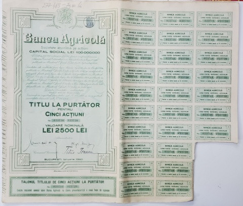 BANCA AGRICOLA , SOCIETATE ANONIMA PE ACTIUNI , TITLUL LA PURTATOR PENTRU CINCI ACTIUNI IN VALOARE NOMINALA DE 2500 LEI , EMISA IANUARIE 1940