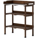 Outsunny Masă de grădină din lemn cu suprafață metalică, rafturi și c&acirc;rlige pentru grădină, terasă 76x37x89 cm Carbonizat | Aosom Romania