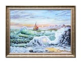 Tablou peisaj marin cu velier pictat manual inramat, 80x60cm ulei pe panza, Stefan Bilibou