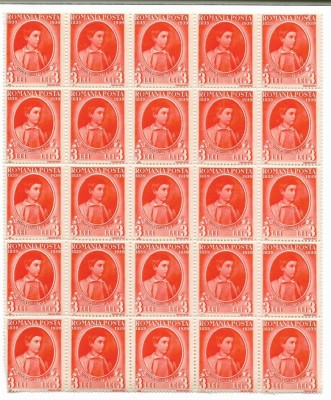 Centenarul nasterii regelui Carol I, 1938, 3 L, bloc 25 buc., neobliterate foto