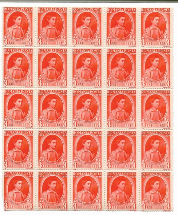 Centenarul nasterii regelui Carol I, 1938, 3 L, bloc 25 buc., neobliterate
