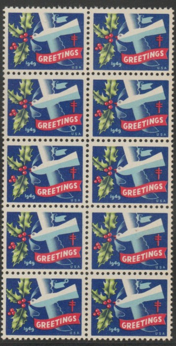 1949 SUA - Bloc de 10 vignete de Craciun + Campanie Anti Tuberculoza, TBC