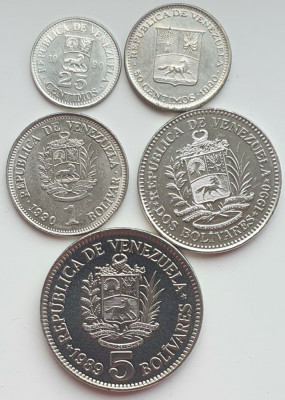 Set 5 monede Venezuela 25, 50 centimos 1, 2, 5 Bolivares 1989 - 1990 UNC - A023 foto