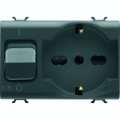 Priza cu protectie - 2P+E 16A P40 - WITH Siguranta automata 1P+N 16A - 230V ac - 3 MODULES - BLACK - CHORUS.