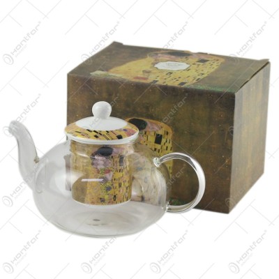 Ceainic cu infuzor si capac 1000 ml, din sticla si portelan &amp;bdquo;Sarutul&amp;rdquo; de Gustav Klimt, in cutie decorativa foto