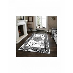 Covor de camera alb cu model romanic negru si model de marmura 80x150cm
