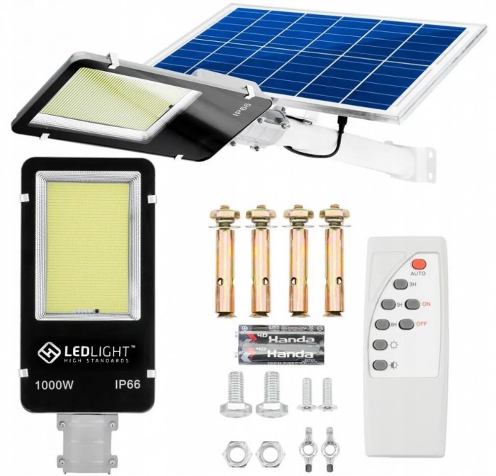 Lampa solara, putere 1000 W, 600 LED-uri, suport pentru perete, stalp, complet rezistenta la fenomene meteo (protectie IP66), telecomanda inclusa, neg