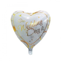 Balon din folie metalizata, flippy, figurina inima, model our wedding day, tema nunta, 45 cm, ambalaj individual, pai inclus, umflare cu aer sau heliu