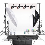 Cumpara ieftin Kit studio foto video complet cu fundal alb, 2 softboxuri, 2 umbrele, 2 becuri fluorescente 45W 5500K, 2 LED RGB 45W cu telecomanda, suport 200 cm si