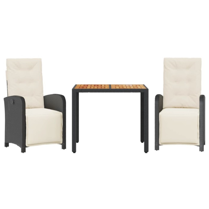 Set bistro cu perne, 3 piese, negru, poliratan