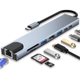 Convertor USB tip C-HDMI+USB3.0+USB2.0+2xUSB tip C PD+card reader+RJ45 t-m 8in1