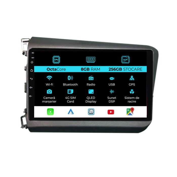 Navigatie Dedicata Honda Civic IX Sedan (2011-2015), 9Inch, 8Gb Ram, 256Gb Stocare, Carplay