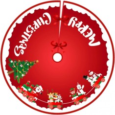 Covoras pentru bradul de craciun, flippy, din tesatura pufoasa, cu fundite de prindere, model sania lui mos craciun, rosu, diametru 90 cm
