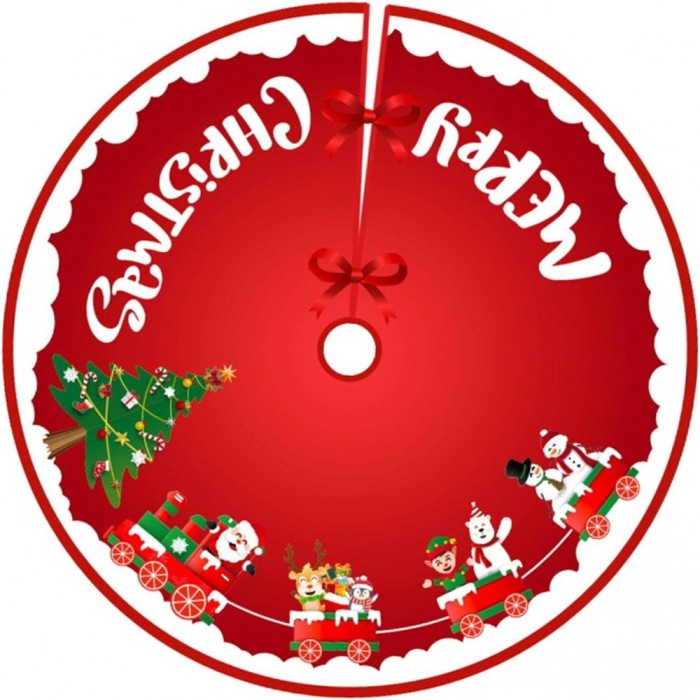 Covoras pentru Bradul de Craciun, Flippy, din Tesatura Pufoasa, cu Fundite de Prindere, Model Sania lui Mos Craciun, Rosu, Diametru 90 cm