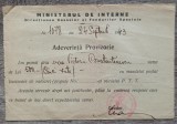 Adeverinta provizorie Ministerul de Interne 1943