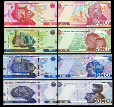 UZBEKISTAN █ 2000+5000+10000+20000 Sum █ 2021 █ UNC PESTE_2000_BANCNOTE_UNC_AICI foto