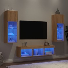 Unități de perete TV cu LED-uri, 5 piese, stejar sonoma, lemn foto