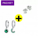 Pachet promo cercei asimetrici din argint green stone + cercei trifoi