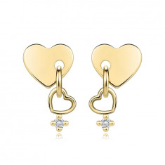 Cercei din aur galben 585 - inimă solidă, contur de inimă, zircon transparent