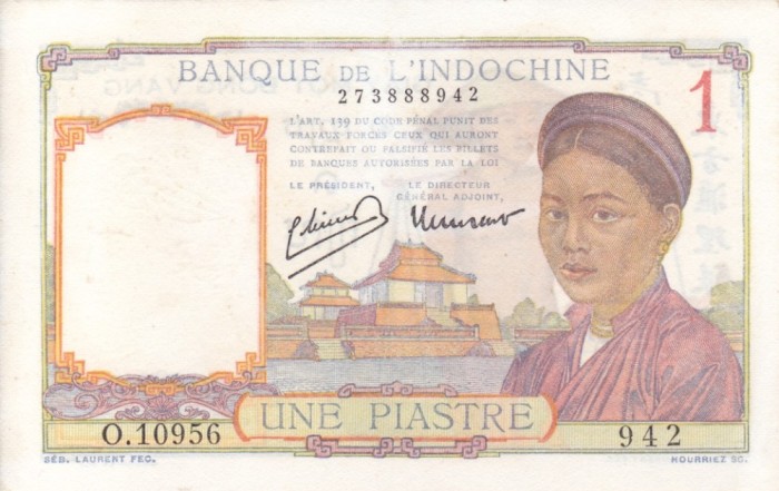 INDOCHINA 1 piastre ND (1946) XF+/AUNC-!!!