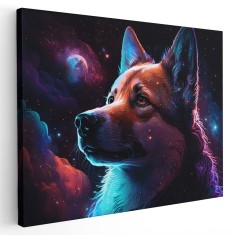Tablou fantezie caine in spatiu cu nebuloasa, mov, albastru 1665 Tablou canvas pe panza CU RAMA 20x30 cm
