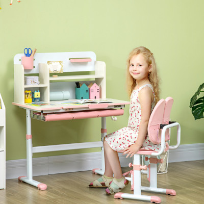ZONEKIZ Set de birou si scaun cu inaltime reglabila Birou de scriere pentru copii masa de studiu pentru scoala cu raft, sertar, suport pentru stilouri foto