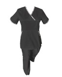 Costum Medical Pe Stil, Negru cu Elastan cu Garnitură stil Japonez, Model Sanda - 4XL, 4XL