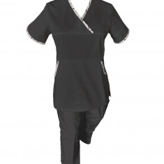 Costum Medical Pe Stil, Negru cu Elastan cu Garnitură stil Japonez, Model Sanda - XS, XS