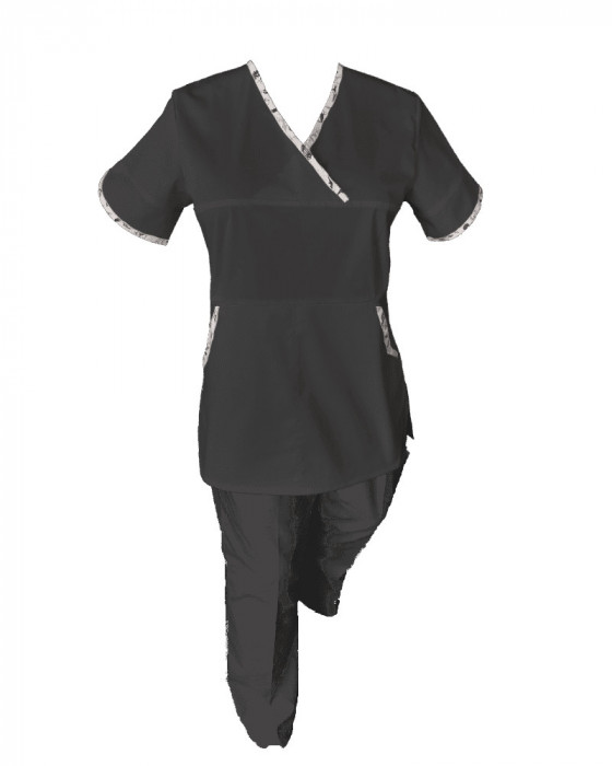 Costum Medical Pe Stil, Negru cu Elastan cu Garnitură stil Japonez, Model Sanda - 4XL, XL