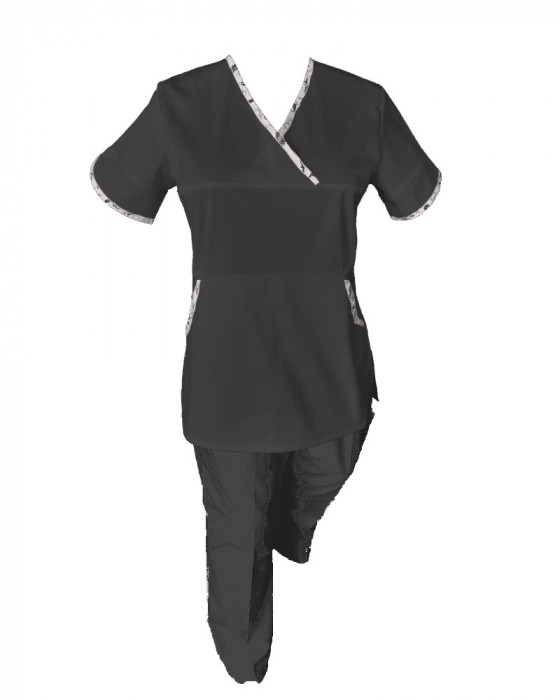 Costum Medical Pe Stil, Negru cu Elastan cu Garnitură stil Japonez, Model Sanda - XL, 4XL