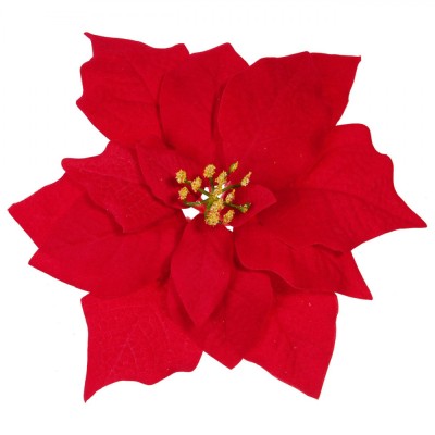 Ornament Crăciun, Floare Cu Clips, Crăciuniță Catifelată, Roșu, 23cm foto