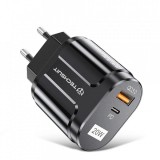 Incarcator Retea Techsuit Premium, 20W, 3A, 1 x USB-A - 1 x USB-C, Negru CHPD038