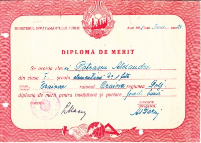 M3 C18 - 1951 - Dilpoma merit - clasa 1 - Scoala elementara nr 1 fete - Craiova foto