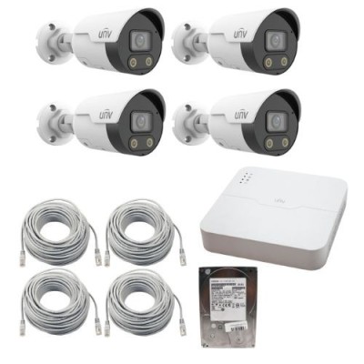 Sistem Supraveghere IP Complet UNV cu 4 Camere IP 4MP ColorHunter, Dual Light, Audio Bidirectional, PoE, NVR 4 Canale + 4 porturi Long PoE, HDD 1TB Sa foto