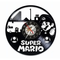 Ceas de perete decorativ Super Mario, realizat din disc de vinil upcycled, model Gaming/Copii, negru, 30 cm