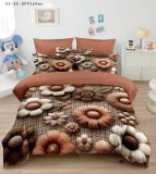 Cumpara ieftin Lenjerie de pat 5D,pat dublu,bumbac finet,6 piese, imprimeu flori tricotate bej-maro-A1273