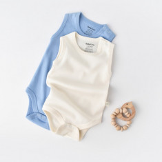 Set 2 body-uri fara maneci bebe unisex -100% bumbac organic - Ecru/Bleu, BabyCosy (Marime: 6-9 luni)