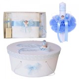 Set trusou botez, cutie trusou si lumanare, Ingeras, dantela bleu, Denikos&reg; 472