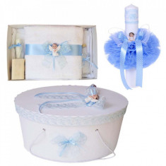 Set trusou botez, cutie trusou si lumanare, Ingeras, dantela bleu, Denikos® 472