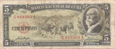 Cuba 5 Pesos 1958 - Maximo Gomez, G949303A, P-91a foto