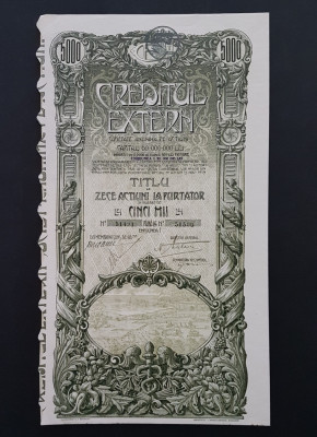 Titlu de 10 actiuni la purtator din 1919 de la banca Creditul extern , actiune foto