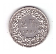 Moneda Elvetia 2 francs/franci 1968 B, stare foarte buna, curata