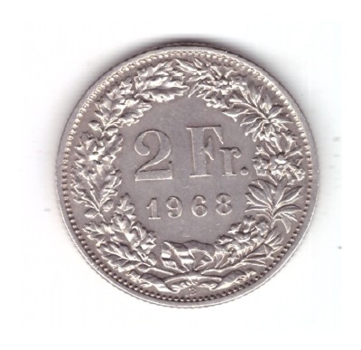 Moneda Elvetia 2 francs/franci 1968 B, stare foarte buna, curata foto